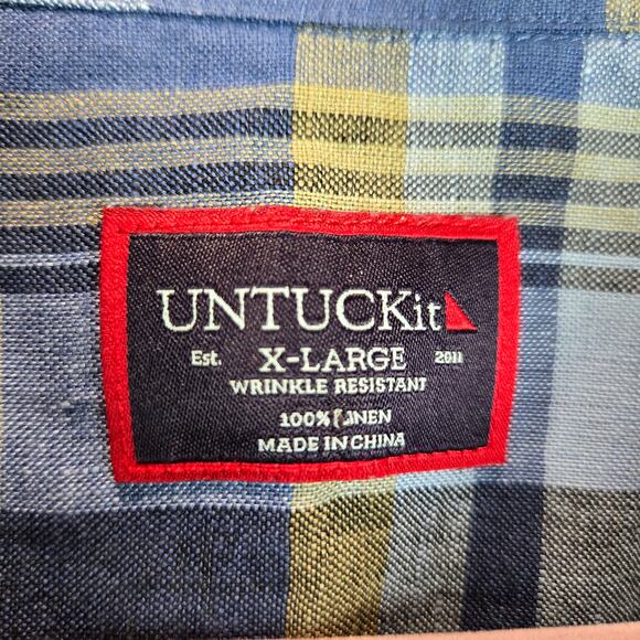Men's Untuckit Tribuno Linen Long Sleeve Button Up Shirt Blue Yellow Plaid XL - Picture 2 of 7